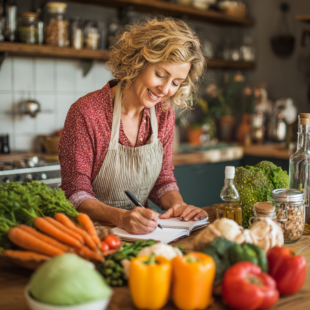 Middle-aged woman planning weekly meals with fresh vegetables and healthy ingredients